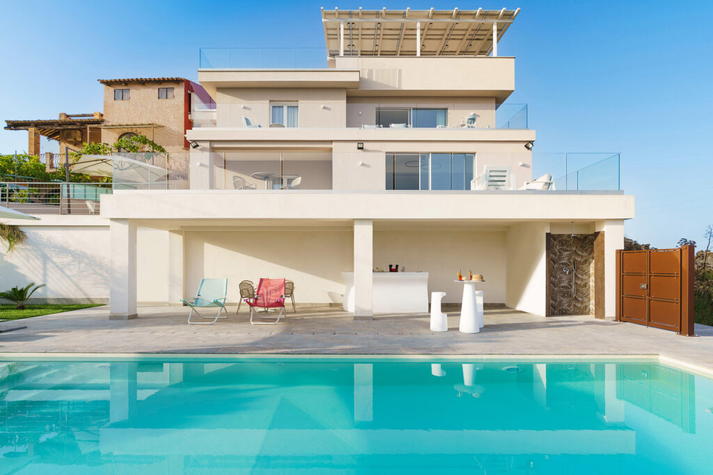 Villa Belvedere, a villa in Toarmina Sicily. It is the front showing the modern fixtures and the pool.