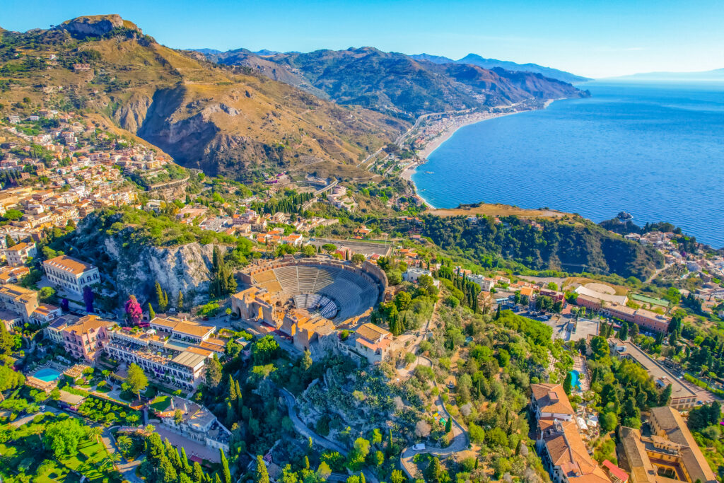 View from high perspective of roman theater in taormina sicily