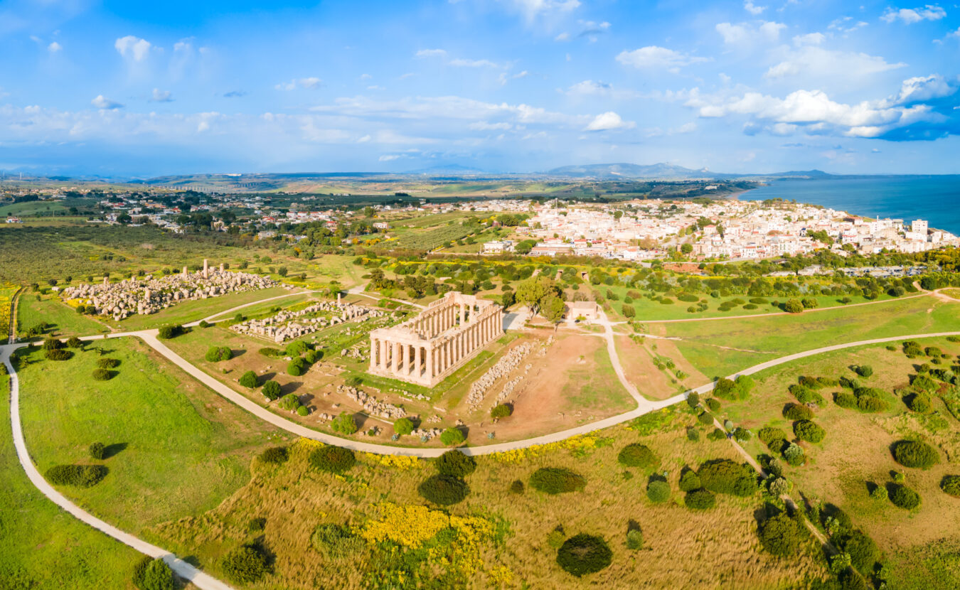 The Temple of Hera aerial panoramic view at Selinunte acropolis. Located near Marinella di Selinunte town, Sicily.